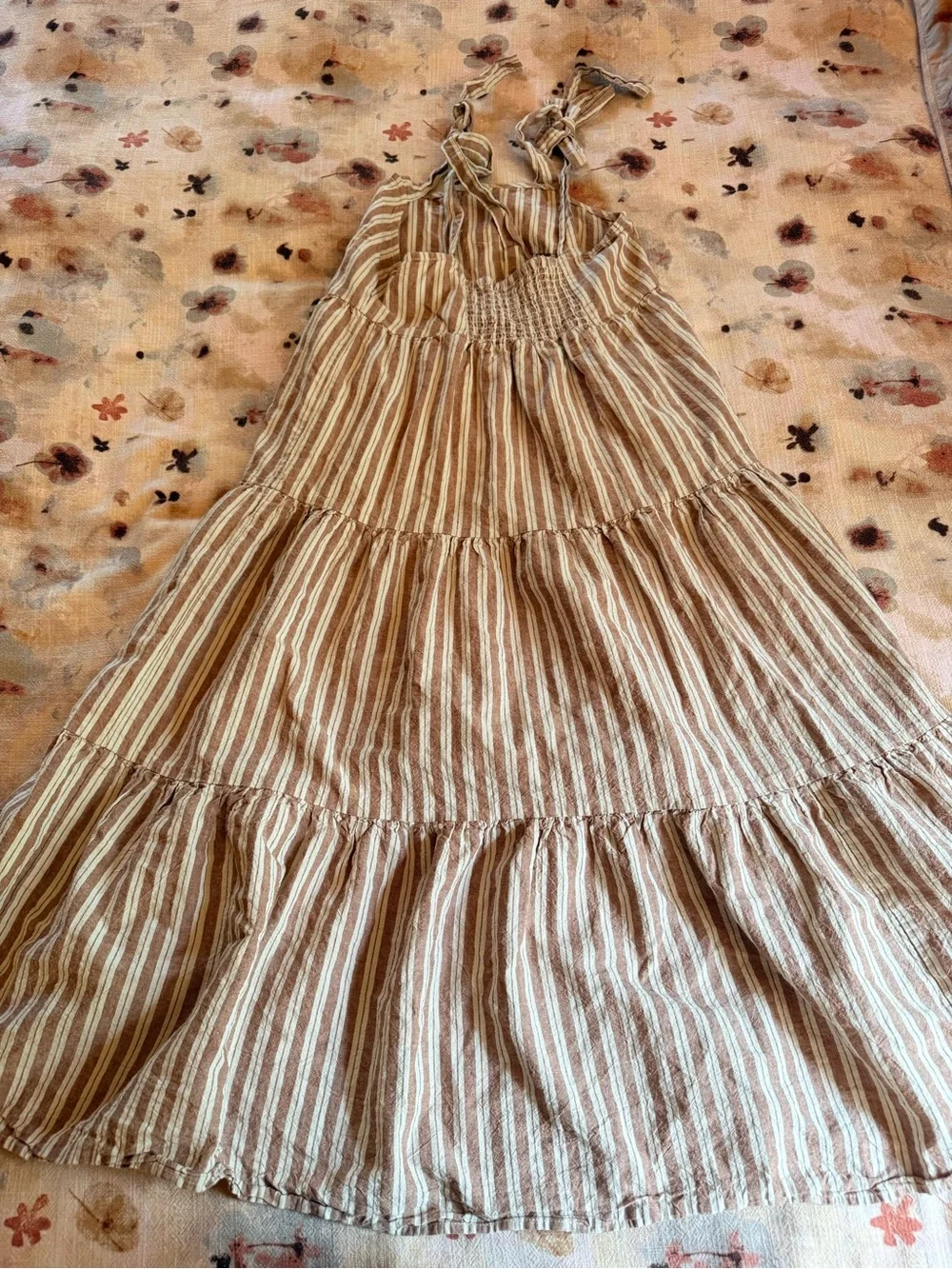 Rylee and Cru Striped Brown Tiered Tie-Strap Maxi Dress